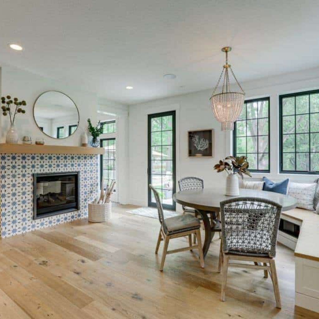 breakfast nook bench see through fireplace white oak flooring