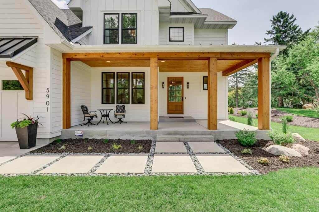 exterior porch of modern farmhouse with cedar accents