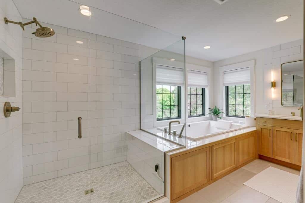 tile shower glass doors soaker tub black windows