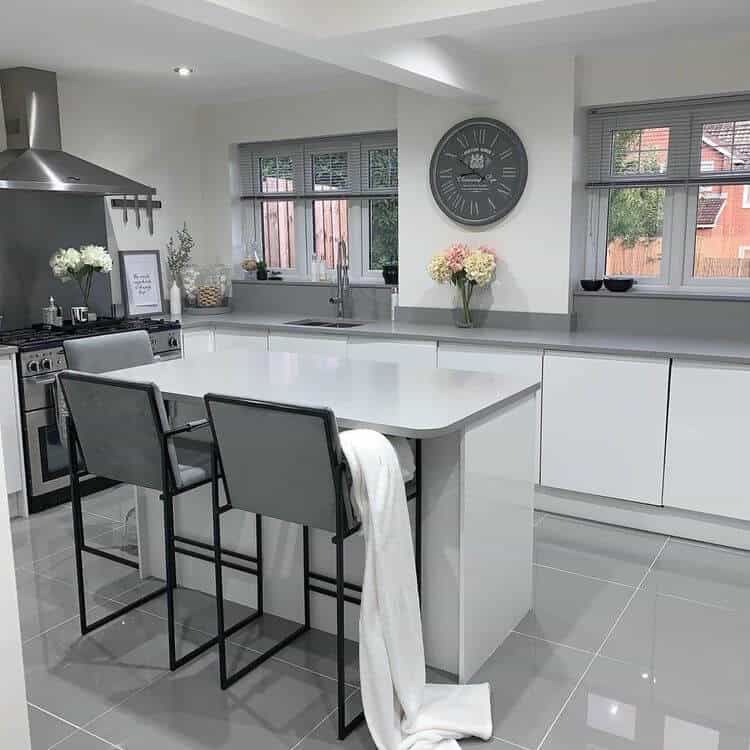 gray grey and white modern kitchen with tile floor