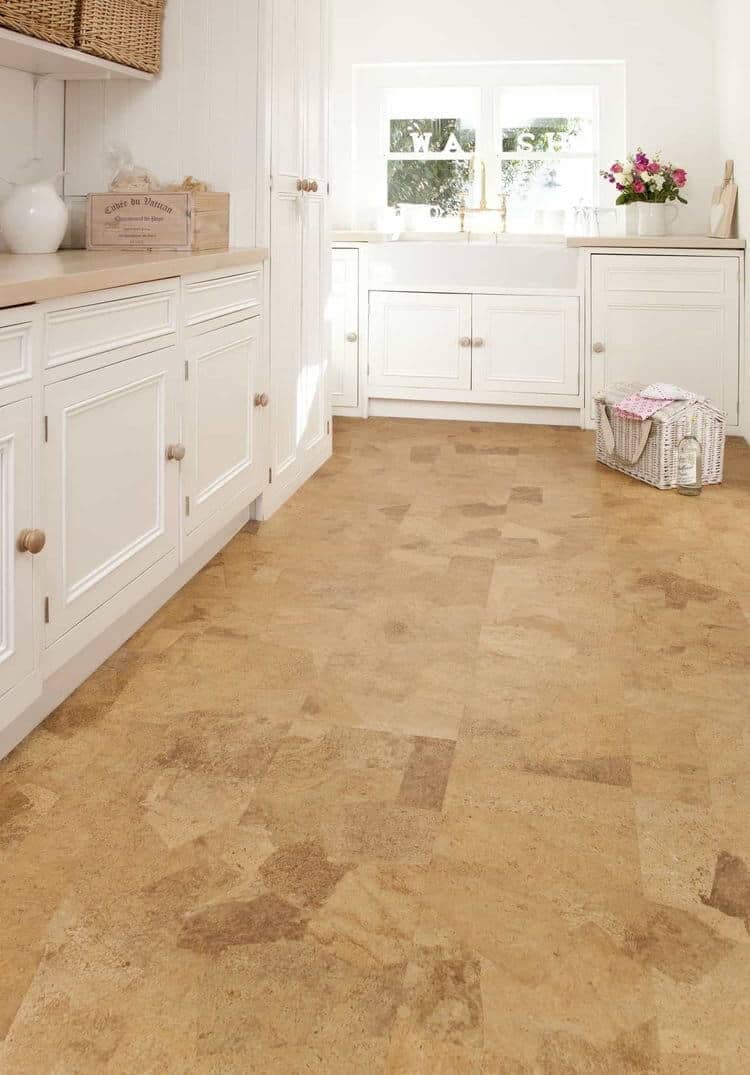 cork flooring tile white traditional kitchen with butcher block countertops