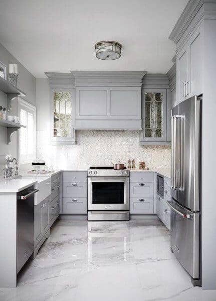 marble tile flooring gray grey kitchen cabinets modern traditional design stainless steel appliances