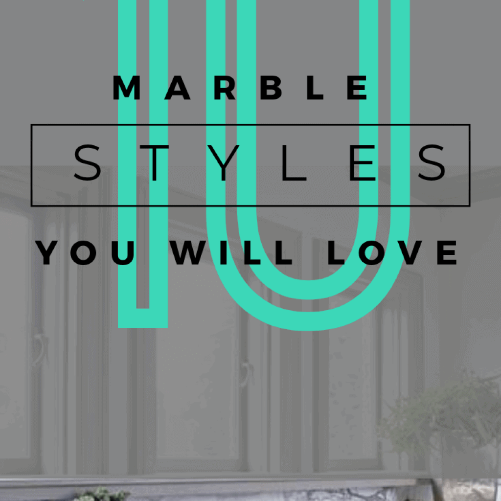 10 Marble Styles you will love. Find you perfect marble design for your new home or remodel project with these examples of different types of marble. White carrera marble used for countertop and backsplash against olive green cabinets with a large turquoise 10 overlay on top of pin along with black text "marble styles you will love"