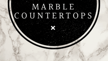 10 Marble styes you will fall in love with! Here's a post showing how marble countertops can be used to create different designs and styles for your home. White marble with taupe veins is background to a black circle with text of blog post in it. Top ten styles for marble countertops