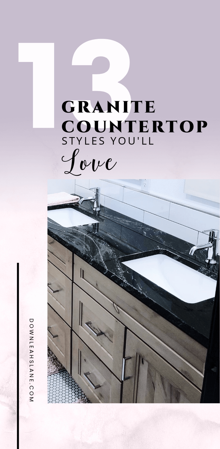 black polished granite countertop on natural alder cabinets with purple to pink gradient background with overlay or white and black words. 13 Granite countertop styles to help you choose which style is the one you'll love in your new house or remodel projects.