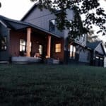 A distinct dark modern farmhouse with clean lines, board and batten black siding, black trimless windows and mirroring covered porches with cedar posts and cedar corbels on eyebrows. The black steel and black shingle roof add to the modern dark look of this farmhouse. Down Leah's Lane's Dark Modern Farmhouse. #downleahslane #darkfarmhouse #darkhouse #modernfarmhouse #modernhouse #blackhouse #blackfarmhouse #coveredporch #cedarposts #blackwindows #attachedgarage #exteriorcolors