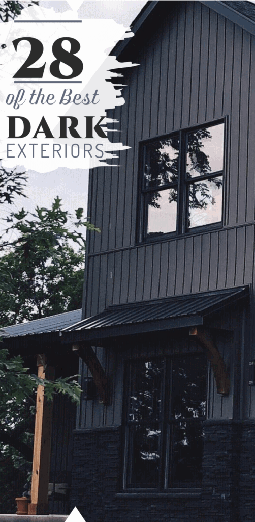 Here are 28 of the best dark exteriors to give you design ideas to revolutionize your home! These black houses are stunning, some with contrasting elements like stone and cedar, others are monotone dark exteriors that are dramatic and unique. #downleahslane #darkhouse #darkexterior #blackhouse #blackexterior #exterioridea #exteriordesign #boardandbatten #cedar #blackwindows #steelroof #modernfarmhouse #modernfarmhouseexterior