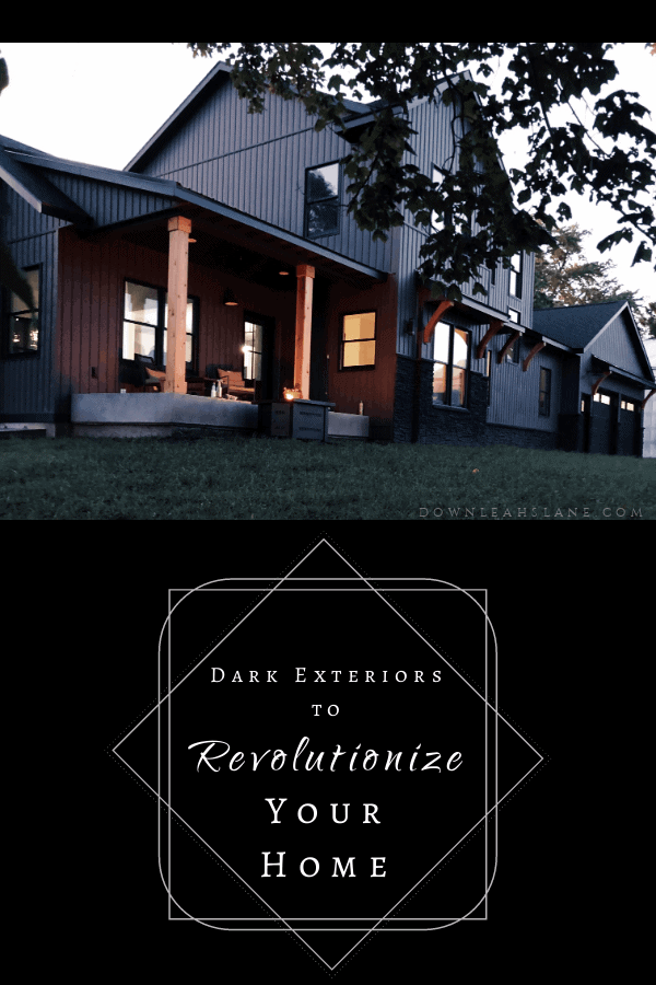 Here are 28 of the best dark exteriors to give you design ideas to revolutionize your home! These black houses are stunning, some with contrasting elements like stone and cedar, others are monotone dark exteriors that are dramatic and unique. #downleahslane #darkhouse #darkexterior #blackhouse #blackexterior #exterioridea #exteriordesign #boardandbatten #cedar #blackwindows #steelroof #modernfarmhouse #modernfarmhouseexterior